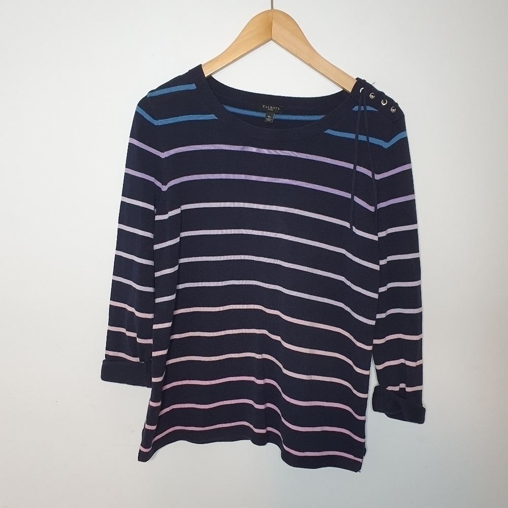 Talbots Women's Navy Ombre Striped Lace Up Shoulder 3/4 Sleeve Sweater Size MP